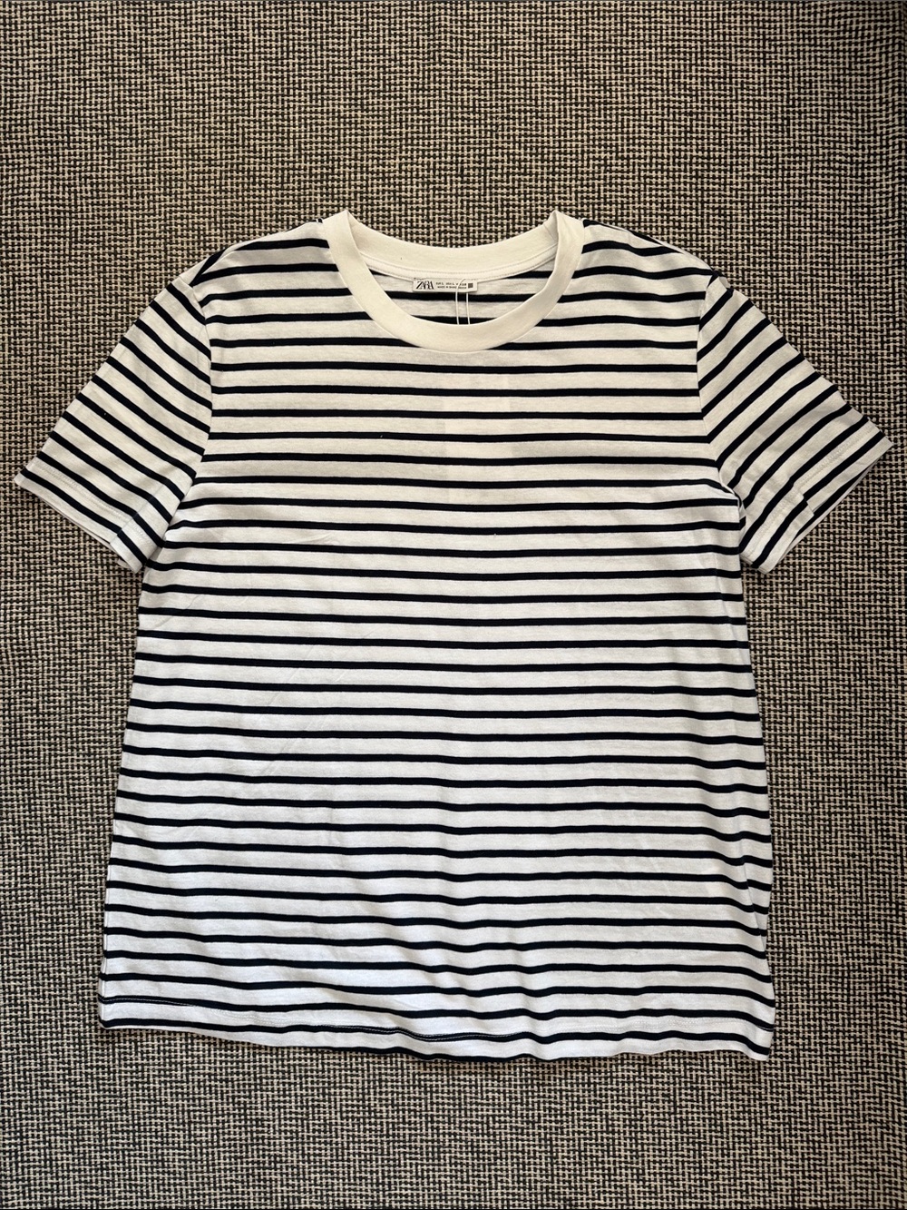 Zara Men White and Black Striped Short Sleeve Tee